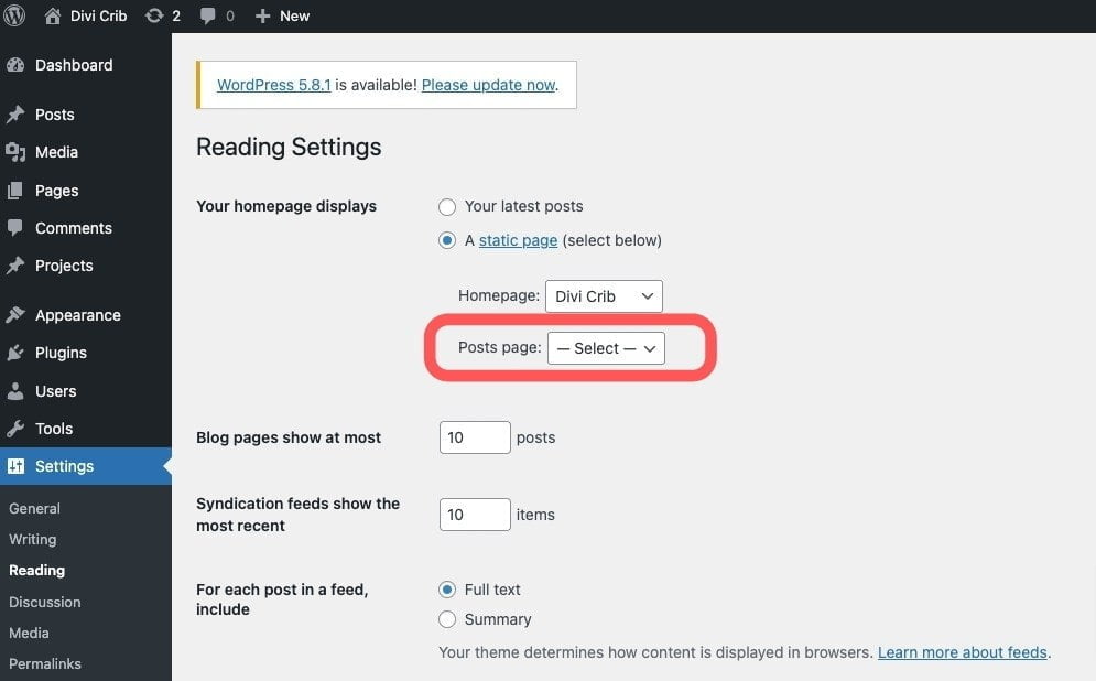 Remove the posts page settings Remove the posts page settings