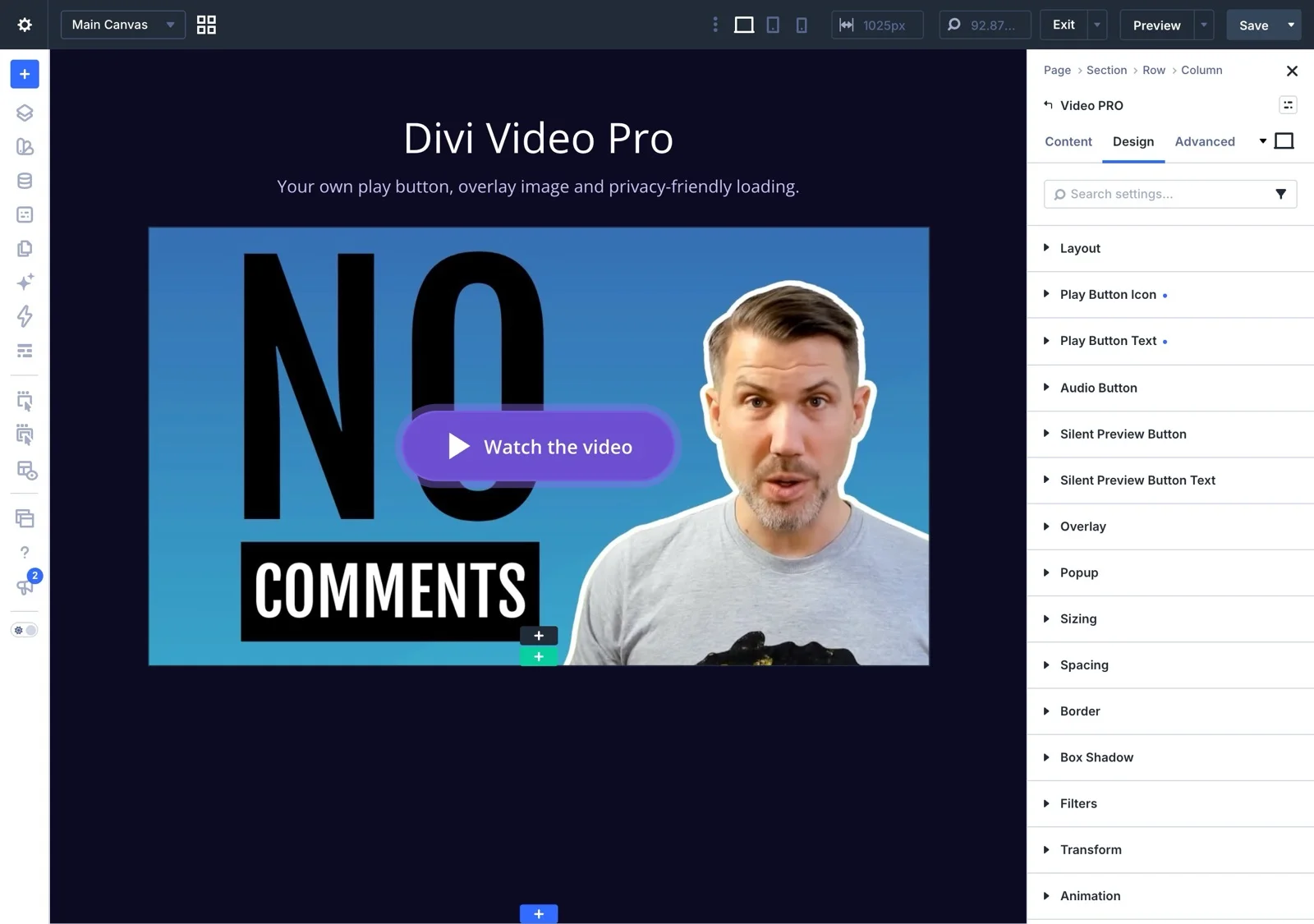 Designinställningar i Divi Video Pro