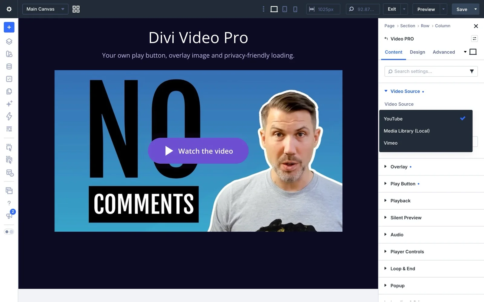 Inställningar för videokälla i Divi Video Pro
